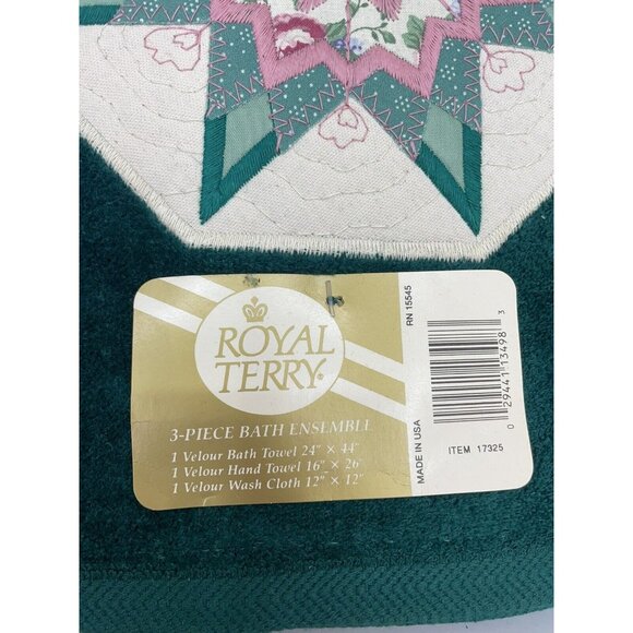 Vintage Royal Terry 3 Pc Bath Towel Set Ensemble Quilted Star Embroidered Green - Picture 2 of 8